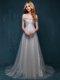 High Class Lace With Train Grey Prom Gown One Shoulder Sleeveless Brush Train Zipper
