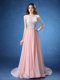 Trendy Scoop Sleeveless Chiffon With Brush Train Zipper Dress for Prom in Baby Pink with Lace and Appliques and Belt