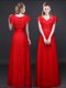 Clearance Lace Short Sleeves Floor Length Appliques and Belt Zipper Prom Gown with Red
