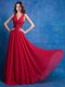 Red V-neck Backless Appliques Prom Dresses Sleeveless