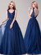 Wonderful Backless Floor Length Navy Blue Tulle Sleeveless Appliques and Belt