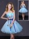 Exquisite Baby Blue A-line Strapless Sleeveless Organza Mini Length Lace Up Appliques and Belt Homecoming Dress