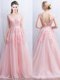 Super Baby Pink A-line Appliques and Belt Prom Evening Gown Backless Tulle Sleeveless With Train
