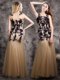 Spectacular Mermaid Scoop Sleeveless Tulle Floor Length Side Zipper Prom Evening Gown in Champagne with Lace and Appliques