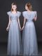 Inexpensive Lace Grey V-neck Zipper Appliques and Belt Prom Dress Short Sleeves