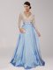 Long Sleeves Floor Length Zipper Prom Party Dress Light Blue for Prom with Beading and Belt