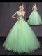 Great Floor Length Apple Green Quinceanera Gown V-neck Sleeveless Lace Up
