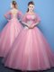 Fancy Scoop Pink Half Sleeves Tulle Lace Up Sweet 16 Dresses for Military Ball and Sweet 16 and Quinceanera