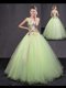 Sleeveless Floor Length Appliques and Belt Lace Up Quinceanera Dress with Yellow Green
