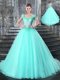 Custom Design Straps Aqua Blue Tulle Lace Up Ball Gown Prom Dress Sleeveless With Brush Train Beading and Appliques