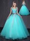 V-neck Sleeveless Tulle Ball Gown Prom Dress Appliques and Belt Lace Up