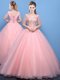 Baby Pink Tulle Lace Up Quince Ball Gowns Half Sleeves Floor Length Appliques