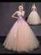 Traditional Peach Sleeveless Floor Length Appliques and Belt Lace Up Quince Ball Gowns