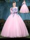 Inexpensive Scoop Long Sleeves Floor Length Lace Up Sweet 16 Dress Baby Pink for Military Ball and Sweet 16 and Quinceanera with Appliques