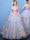 Beauteous Grey Tulle Lace Up Scoop Cap Sleeves Floor Length Quince Ball Gowns Appliques