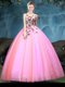Comfortable V-neck Sleeveless Quince Ball Gowns Floor Length Appliques Multi-color Tulle