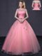 Scoop Cap Sleeves Floor Length Beading and Belt Lace Up 15 Quinceanera Dress with Watermelon Red