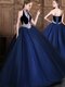 Halter Top Floor Length Lace Up Quinceanera Gown Navy Blue for Military Ball and Sweet 16 and Quinceanera with Beading