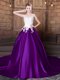 Elastic Woven Satin Scoop Sleeveless Court Train Lace Up Lace and Appliques Quinceanera Dresses in Purple