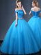 Off the Shoulder Baby Blue Lace Up 15th Birthday Dress Beading and Appliques Sleeveless Floor Length