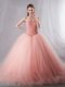 Peach Ball Gowns Beading 15th Birthday Dress Lace Up Tulle Sleeveless With Train