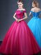 Off the Shoulder Floor Length Lace Up Ball Gown Prom Dress Fuchsia for Military Ball and Sweet 16 and Quinceanera with Beading and Appliques