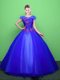 Blue Tulle Lace Up Scoop Short Sleeves Floor Length Sweet 16 Dresses Appliques