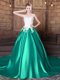 Scoop With Train Turquoise Quinceanera Dress Elastic Woven Satin Court Train Sleeveless Lace and Appliques