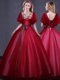 Scoop Wine Red Short Sleeves Floor Length Appliques and Belt Lace Up Quinceanera Dresses