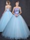 Custom Design Floor Length Lace Up 15 Quinceanera Dress Light Blue for Military Ball and Sweet 16 and Quinceanera with Appliques and Belt