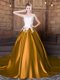 On Sale Elastic Woven Satin Scoop Sleeveless Court Train Lace Up Lace and Appliques Ball Gown Prom Dress in Gold