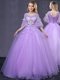 Fantastic Lavender Ball Gowns Scoop Half Sleeves Tulle Floor Length Lace Up Lace and Appliques Sweet 16 Dress