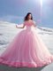 Popular Rose Pink Ball Gowns Off The Shoulder Cap Sleeves Tulle Court Train Lace Up Hand Made Flower Vestidos de Quinceanera