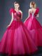 One Shoulder Fuchsia Lace Up 15th Birthday Dress Lace and Appliques and Ruffles Sleeveless Floor Length