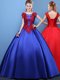 Scoop Royal Blue Cap Sleeves Satin Lace Up Quince Ball Gowns for Military Ball and Sweet 16 and Quinceanera
