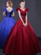 Affordable Floor Length Wine Red Ball Gown Prom Dress V-neck Cap Sleeves Lace Up