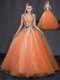Ideal Orange Ball Gowns Tulle V-neck Sleeveless Beading and Belt Floor Length Lace Up Quinceanera Gowns