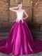 Amazing Scoop Fuchsia Elastic Woven Satin Lace Up Vestidos de Quinceanera Sleeveless With Train Court Train Appliques