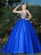 Royal Blue Scoop Neckline Appliques and Belt Quince Ball Gowns Sleeveless Zipper Royal Blue Scoop Neckline Appliques and Belt Quince Ball Gowns Sleeveless Zipper
