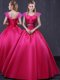 Latest Cap Sleeves Satin Floor Length Lace Up 15th Birthday Dress in Hot Pink with Appliques