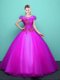 Scoop Short Sleeves Ball Gown Prom Dress Floor Length Appliques Fuchsia Tulle