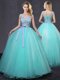Elegant Scoop Floor Length Lace Up Ball Gown Prom Dress Aqua Blue for Military Ball and Sweet 16 and Quinceanera with Appliques and Belt