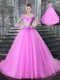 Elegant Fuchsia Tulle Lace Up Straps Sleeveless With Train Quince Ball Gowns Brush Train Beading and Appliques