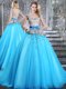 Baby Blue Ball Gowns Appliques and Belt Quinceanera Gowns Lace Up Tulle Sleeveless