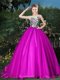 Exceptional Fuchsia Organza Zipper Scoop Sleeveless Sweet 16 Dresses Brush Train Appliques and Belt