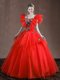 Red Sweetheart Neckline Appliques and Ruffles Vestidos de Quinceanera Sleeveless Lace Up
