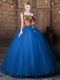Graceful Blue Ball Gowns Tulle One Shoulder Sleeveless Pattern Floor Length Lace Up Quince Ball Gowns