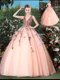 Flirting Peach Tulle Lace Up Quinceanera Dresses Sleeveless With Brush Train Appliques