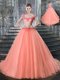 Straps Peach Lace Up 15th Birthday Dress Beading Sleeveless With Brush Train
