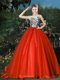 Perfect Red Scoop Zipper Appliques and Belt Quinceanera Gown Brush Train Sleeveless